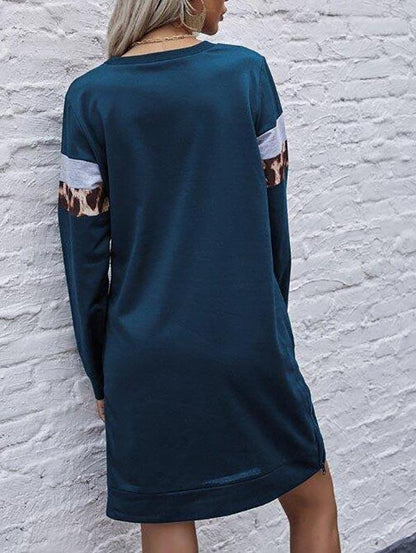 Contrast Leopard Panel Sweatshirt Dress - LuckyFash™