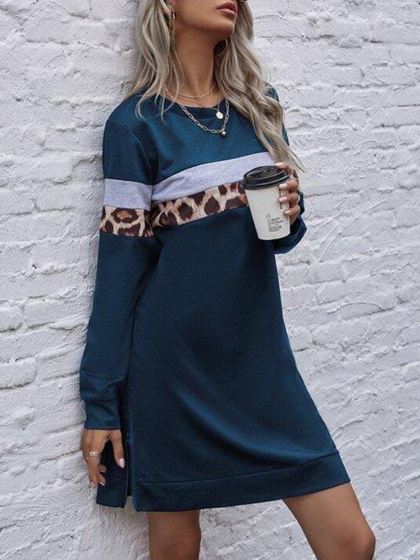 Contrast Leopard Panel Sweatshirt Dress - LuckyFash™