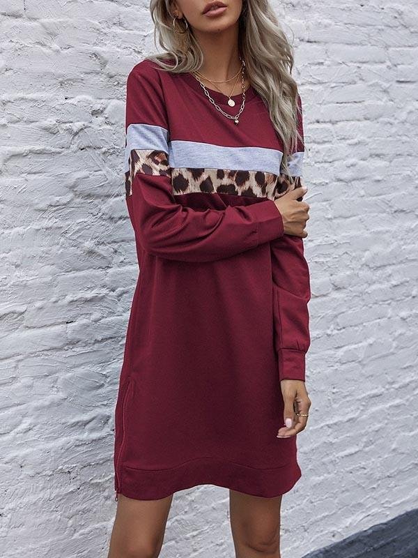 Contrast Leopard Panel Sweatshirt Dress - LuckyFash™