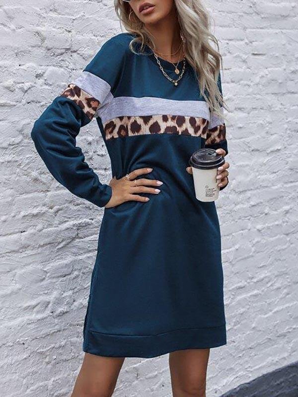 Contrast Leopard Panel Sweatshirt Dress - LuckyFash™