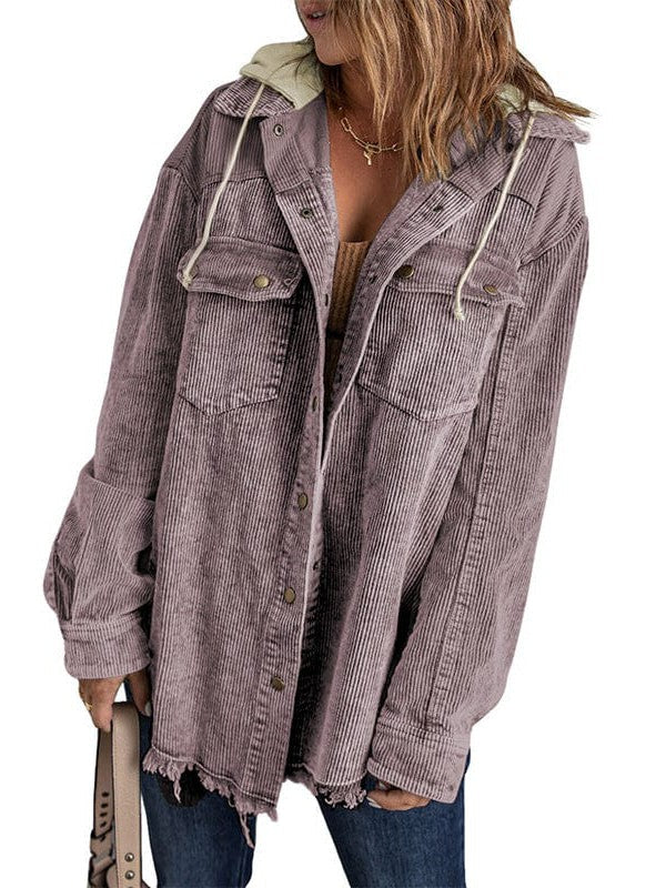 Contrast Stitched Corduroy Hooded Jacket for Women