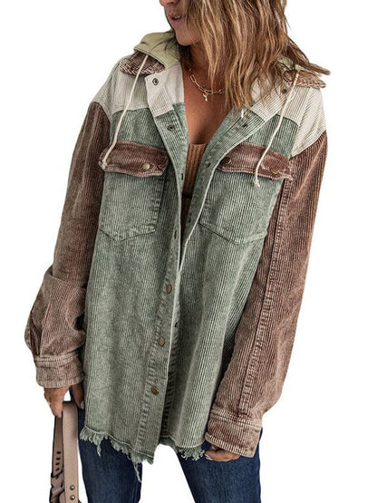 Contrast Stitched Corduroy Hooded Jacket for Women