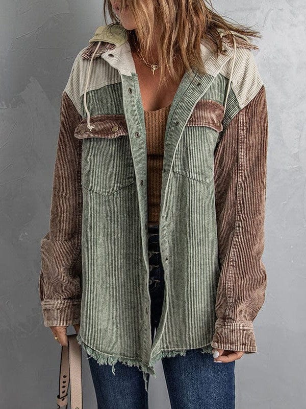 Contrast Stitched Corduroy Hooded Jacket for Women