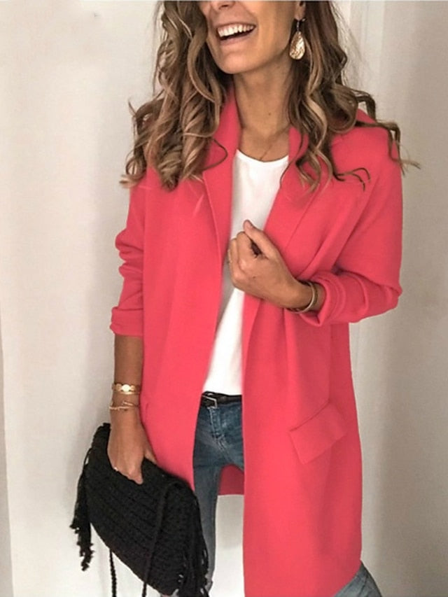 Women's Blazer Solid Color Classic Style Elegant & Luxurious Long Sleeve Coat Summer Spring Business Open Front Long Jacket Black - LuckyFash™