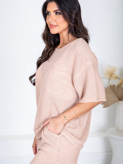 Cozy Apricot Pink Waffle Knit Lounge Set with Shorts