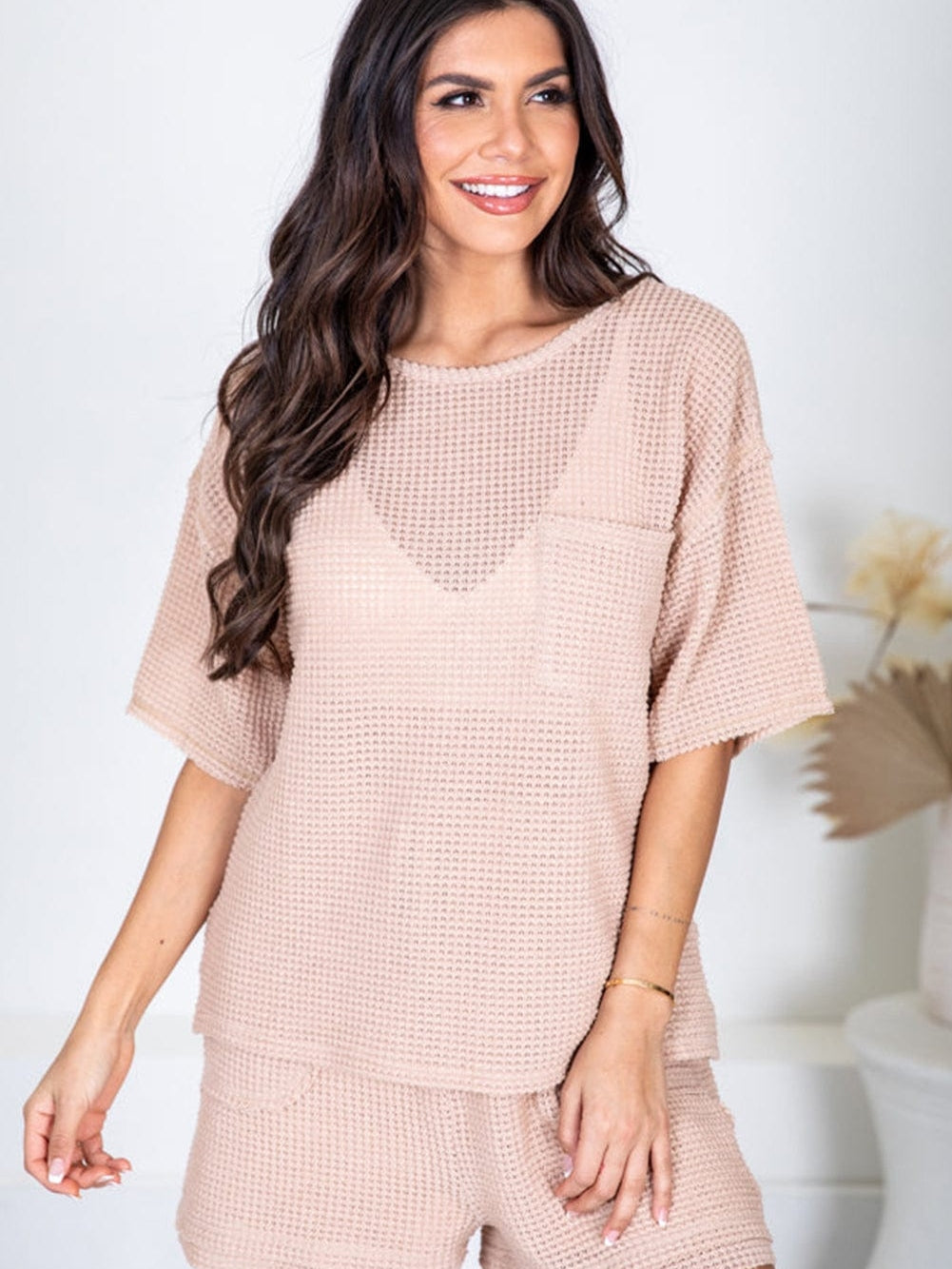 Cozy Apricot Pink Waffle Knit Lounge Set with Shorts