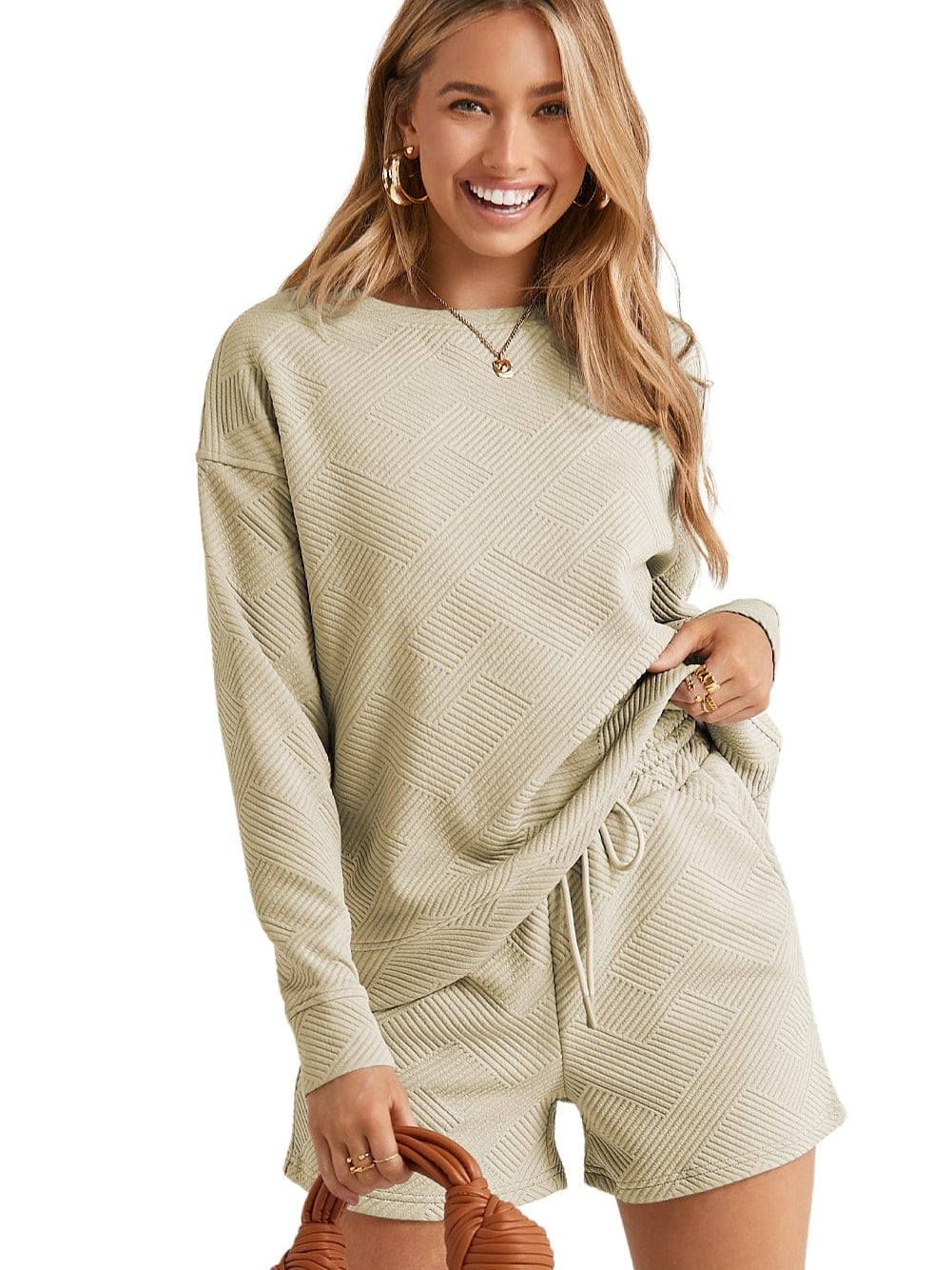 Cozy Apricot Ribbed Lounge Set with Long Sleeves and Drawstring Shorts