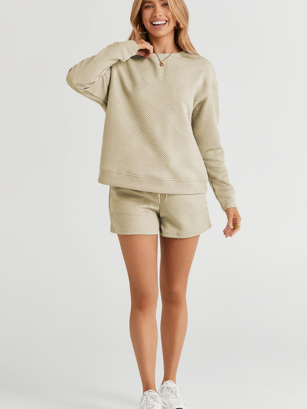 Cozy Apricot Ribbed Lounge Set with Long Sleeves and Drawstring Shorts