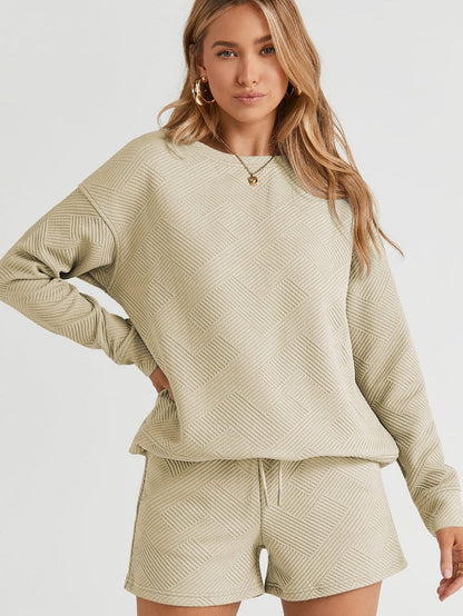 Cozy Apricot Ribbed Lounge Set with Long Sleeves and Drawstring Shorts