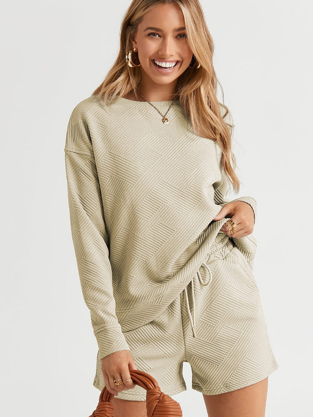 Cozy Apricot Ribbed Lounge Set with Long Sleeves and Drawstring Shorts