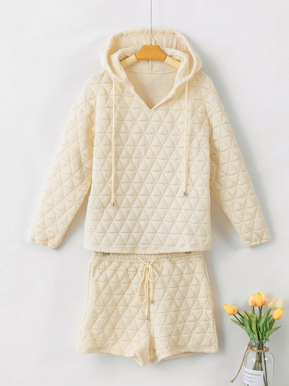 Cozy Beige Quilted Hoodie and Shorts Set