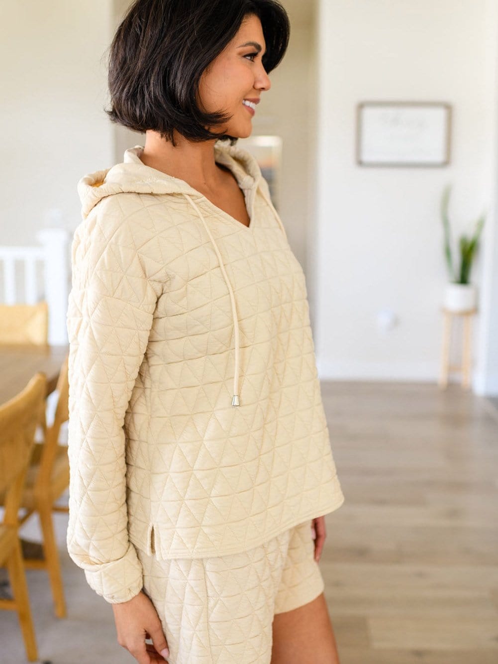 Cozy Beige Quilted Hoodie and Shorts Set