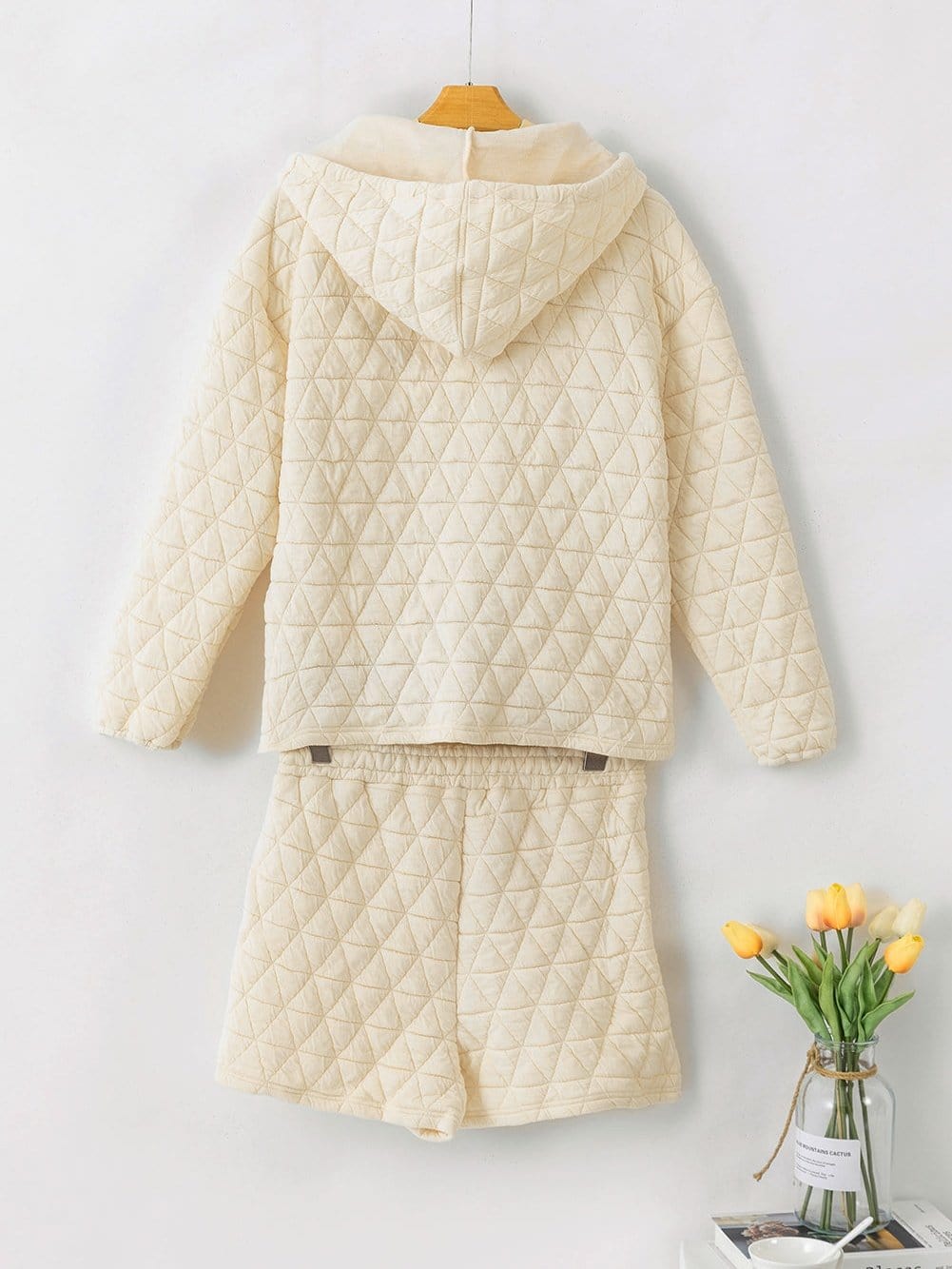 Cozy Beige Quilted Hoodie and Shorts Set