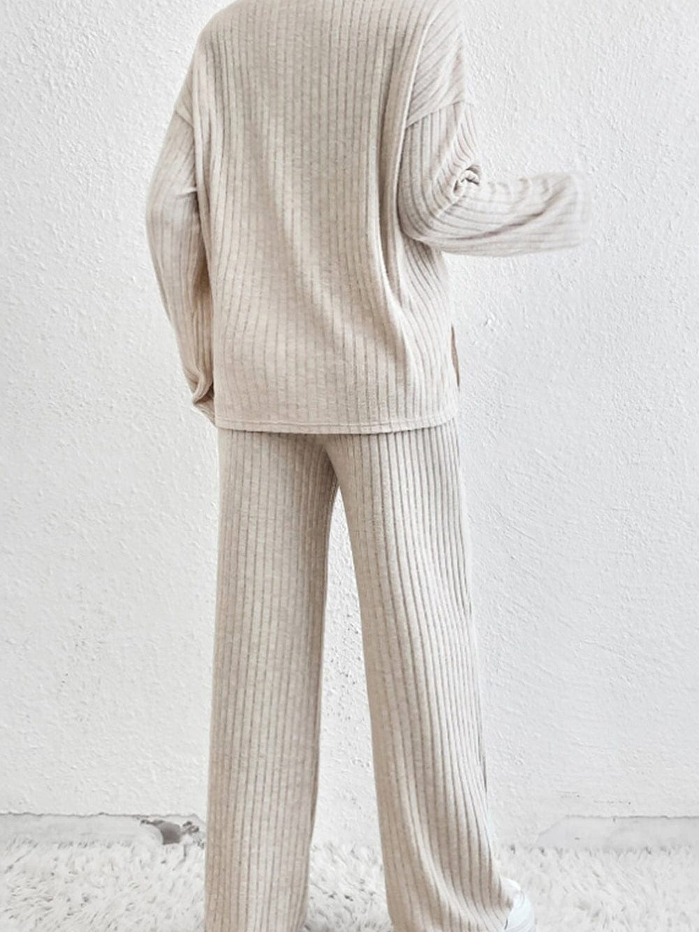 Cozy Beige Ribbed Knit Henley Top and Wide Leg Pants Ensemble