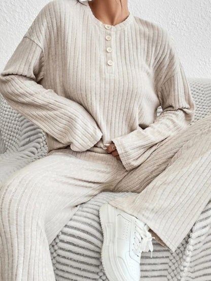 Cozy Beige Ribbed Knit Henley Top and Wide Leg Pants Ensemble