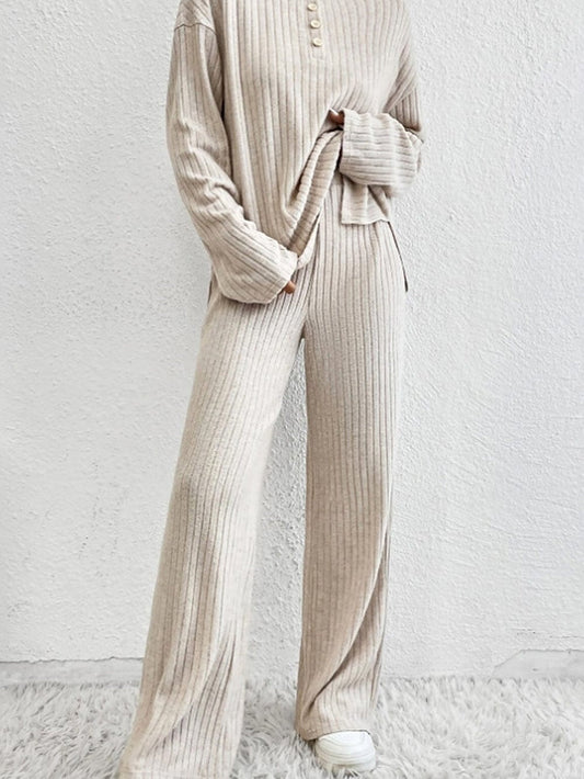 Cozy Beige Ribbed Knit Henley Top and Wide Leg Pants Ensemble