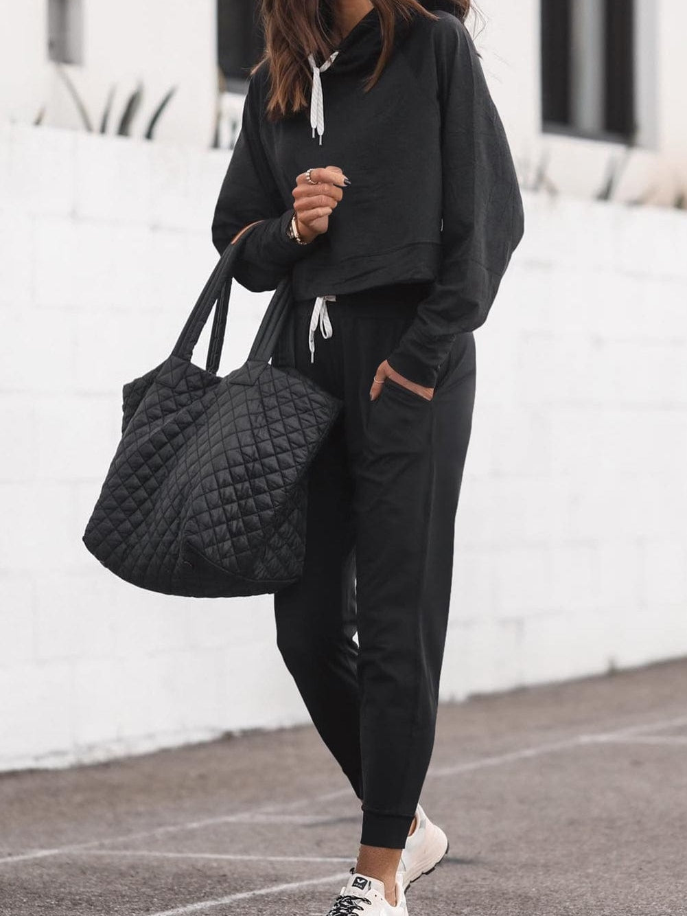 Cozy Black Hoodie and High Waist Pants Lounge Ensemble