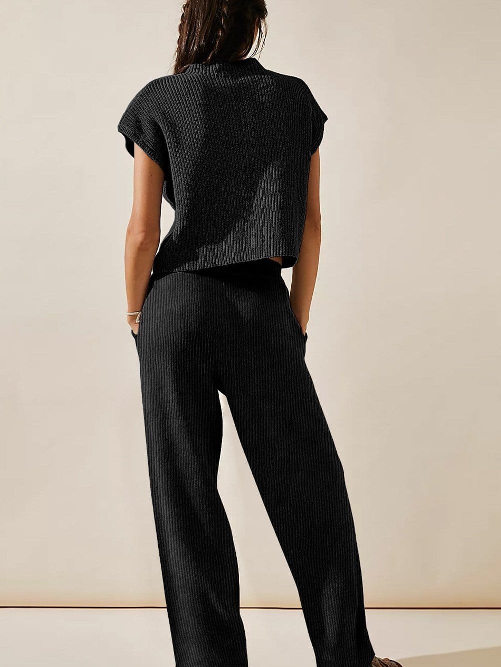 Cozy Black Knit V-Neck Sweater and Wide-Leg Pants Ensemble