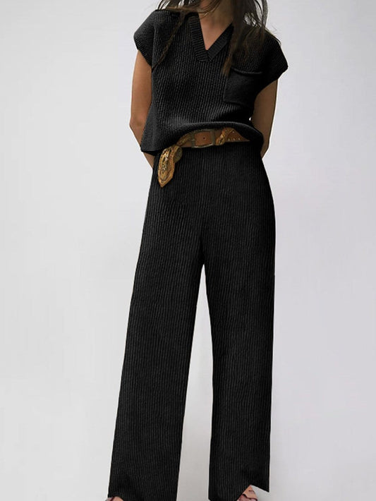 Cozy Black Knit V-Neck Sweater and Wide-Leg Pants Ensemble