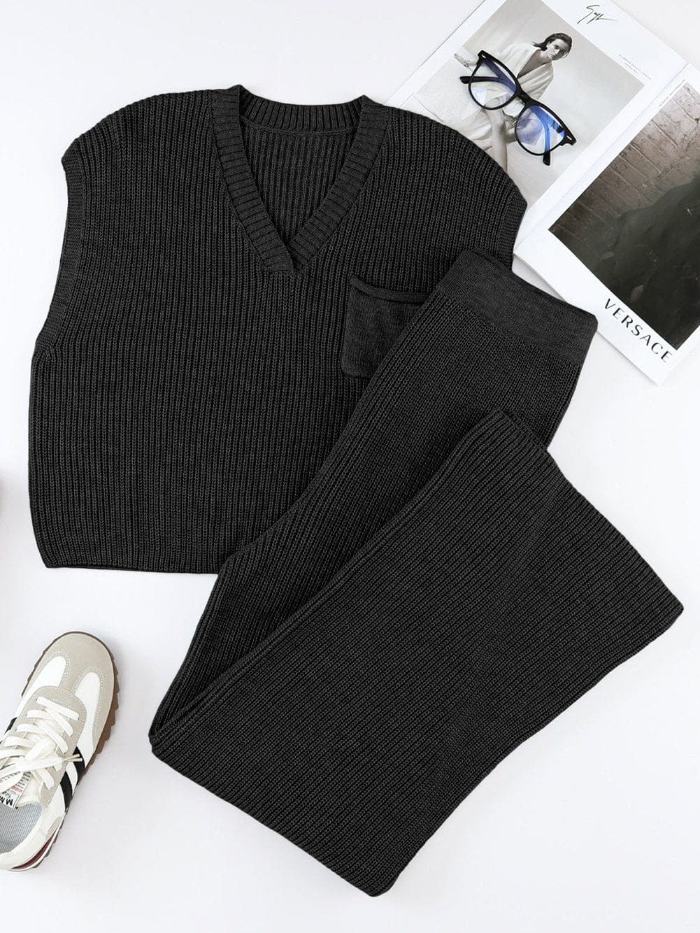 Cozy Black Knit V-Neck Sweater and Wide-Leg Pants Ensemble