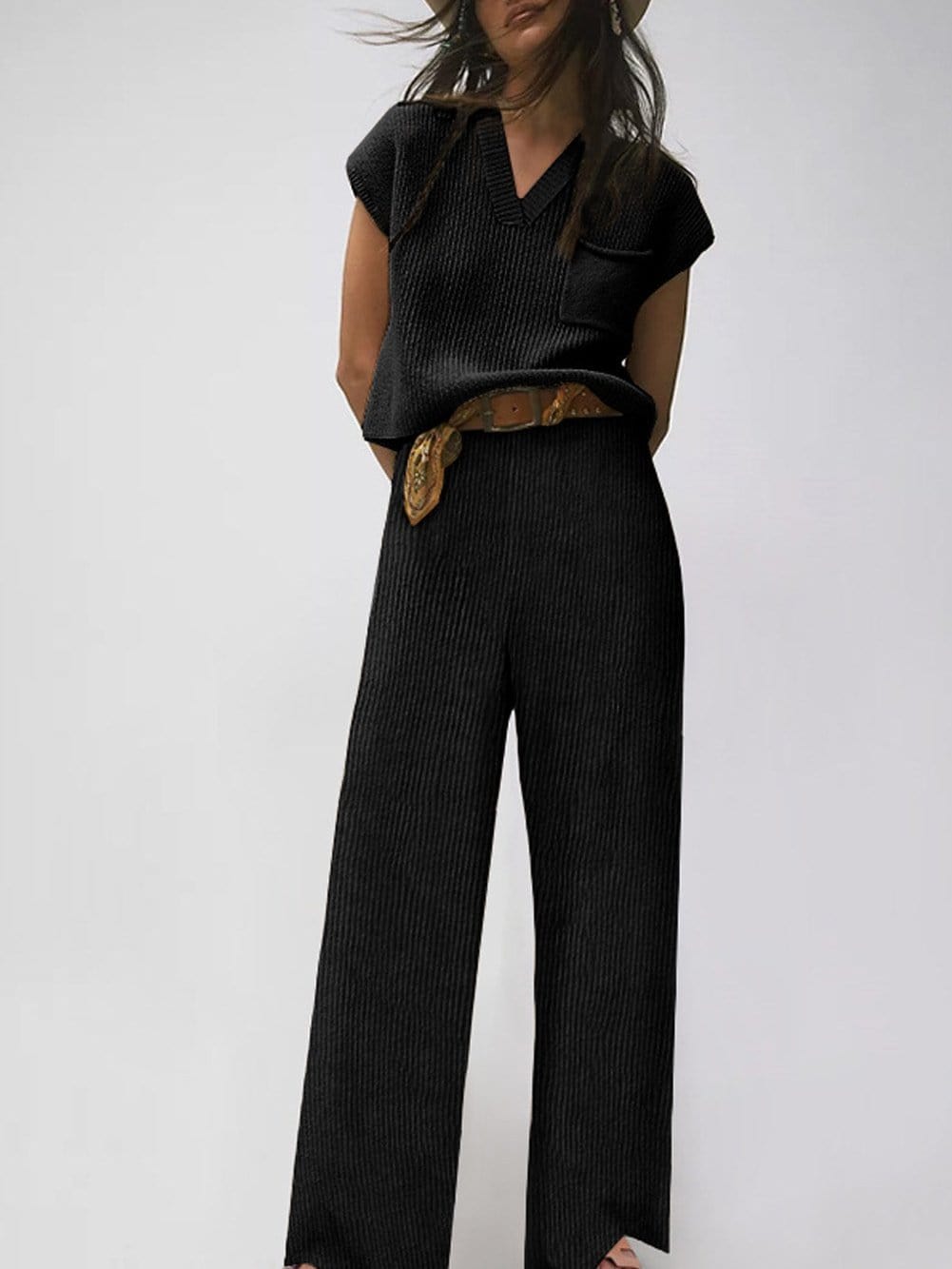 Cozy Black Knit V-Neck Sweater and Wide-Leg Pants Ensemble