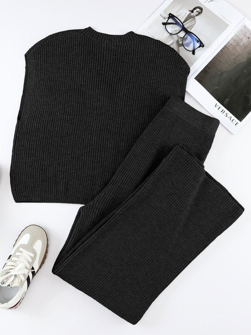 Cozy Black Knit V-Neck Sweater and Wide-Leg Pants Ensemble