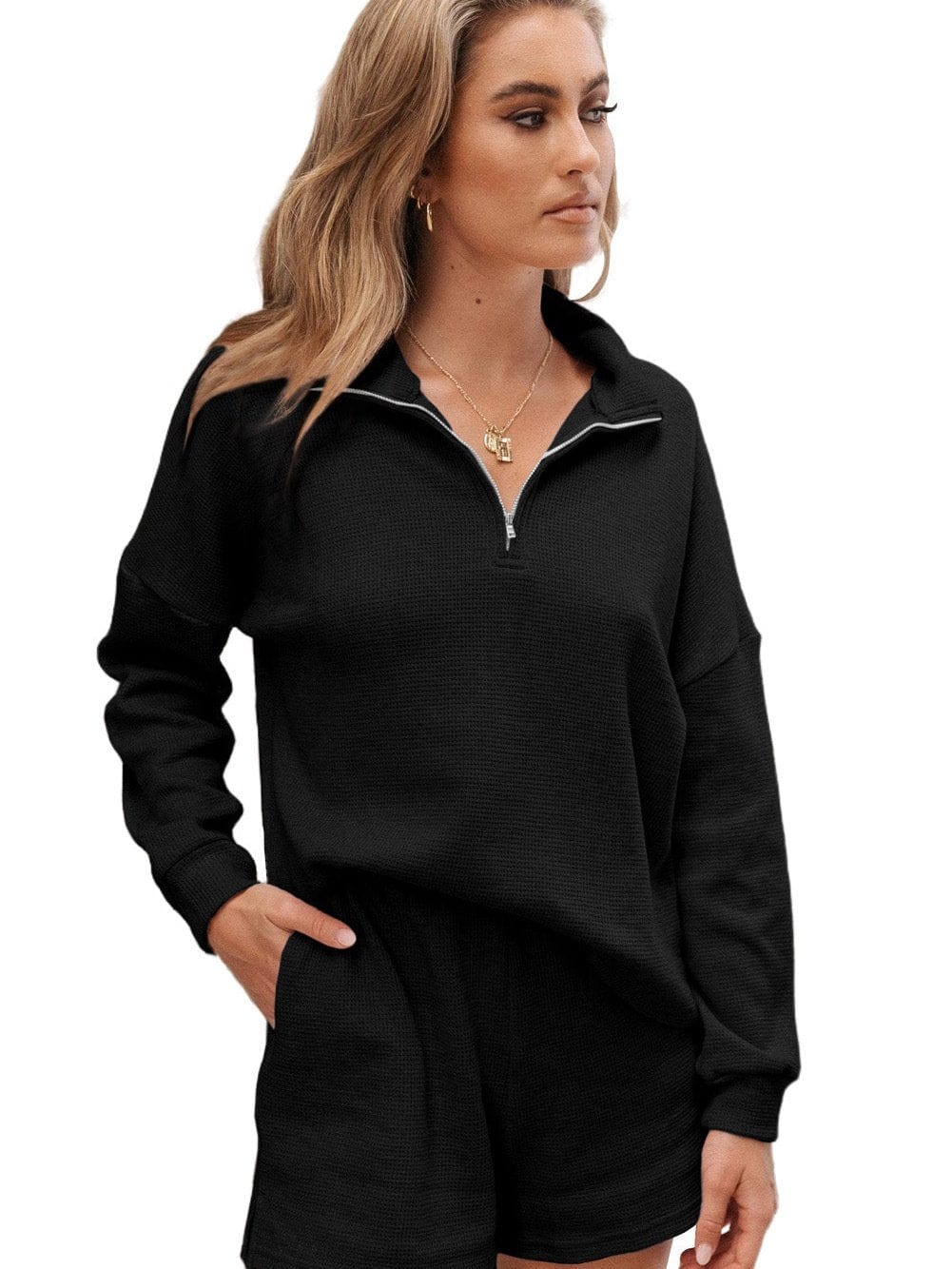 Cozy Black Zip-Up Ribbed Lounge Set