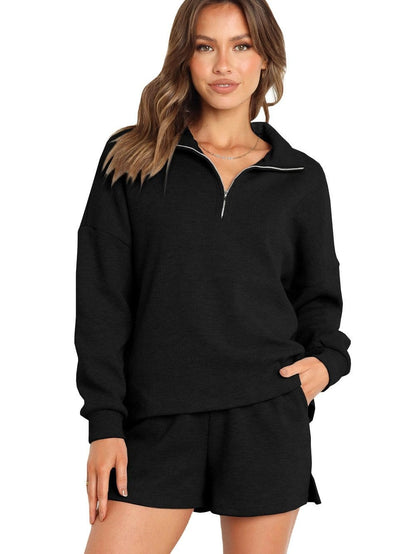 Cozy Black Zip-Up Ribbed Lounge Set