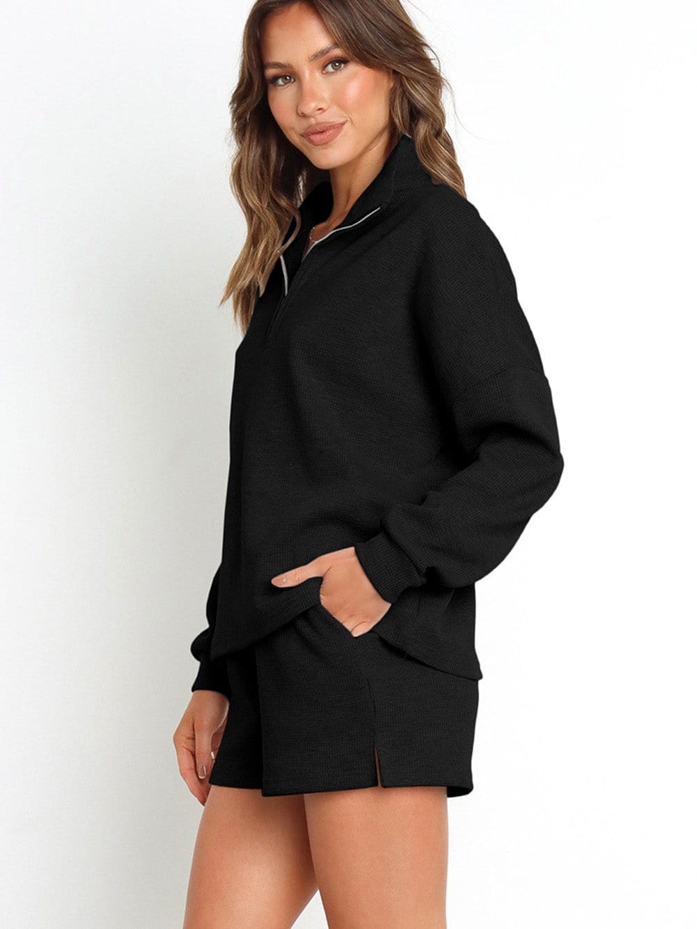 Cozy Black Zip-Up Ribbed Lounge Set