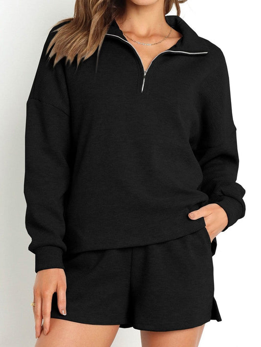 Cozy Black Zip-Up Ribbed Lounge Set