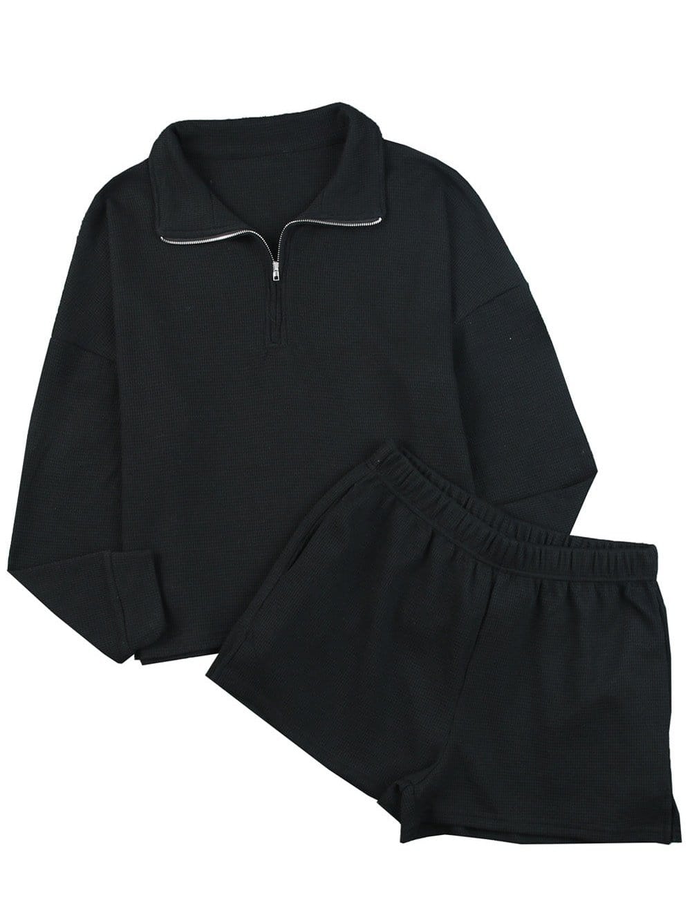 Cozy Black Zip-Up Ribbed Lounge Set