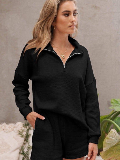 Cozy Black Zip-Up Ribbed Lounge Set