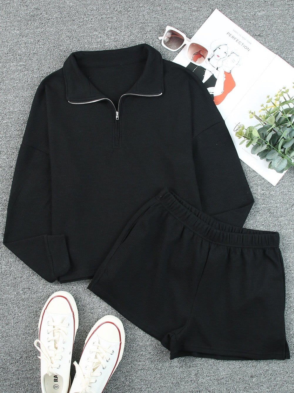 Cozy Black Zip-Up Ribbed Lounge Set