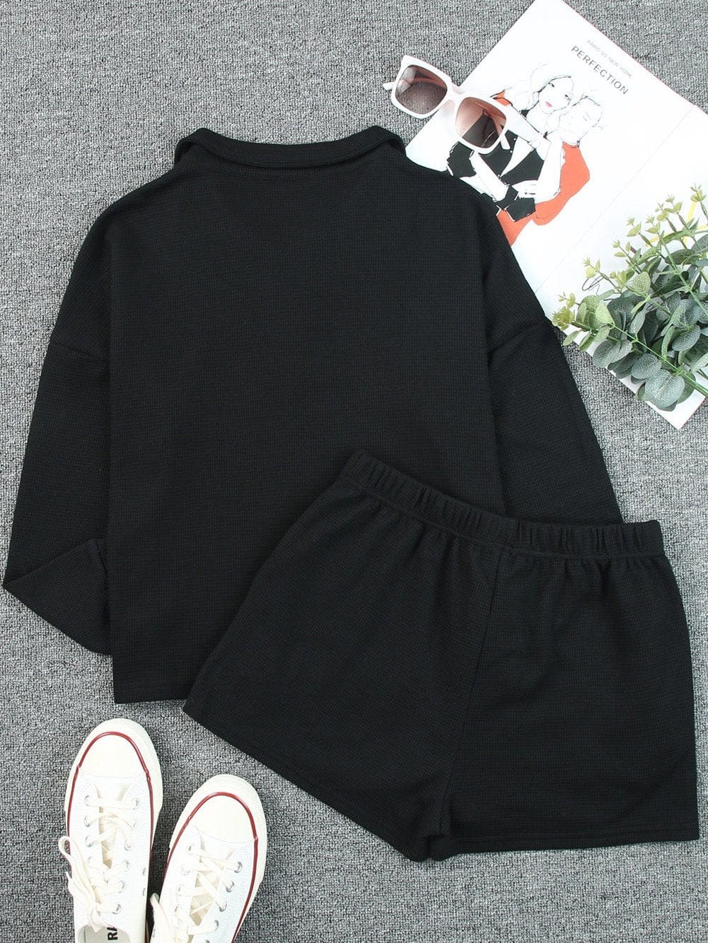 Cozy Black Zip-Up Ribbed Lounge Set