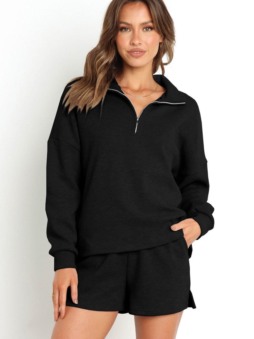 Cozy Black Zip-Up Ribbed Lounge Set