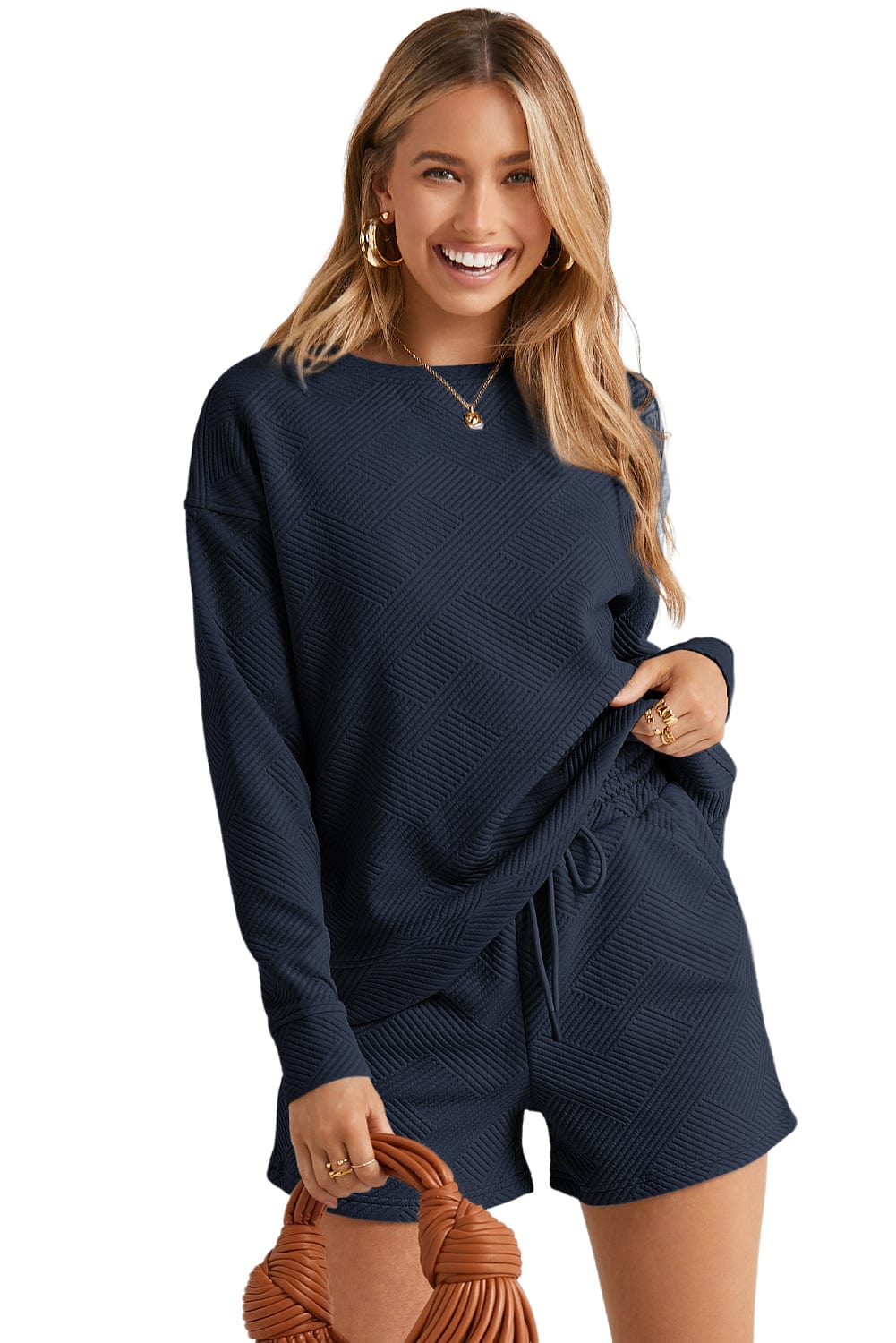 Cozy Blue Ribbed Long Sleeve Lounge Set with Drawstring Shorts