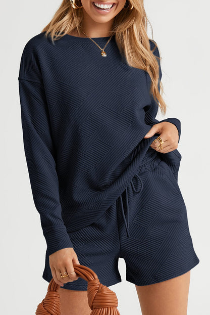 Cozy Blue Ribbed Long Sleeve Lounge Set with Drawstring Shorts