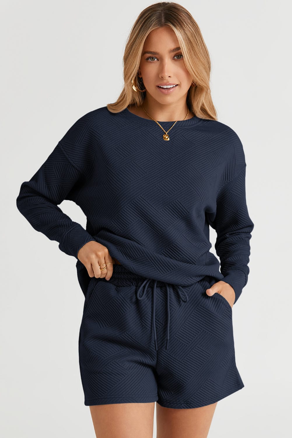 Cozy Blue Ribbed Long Sleeve Lounge Set with Drawstring Shorts