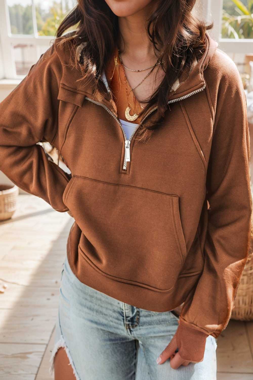 cozy brown hoodie with kangaroo pocket and quarter zip 120502