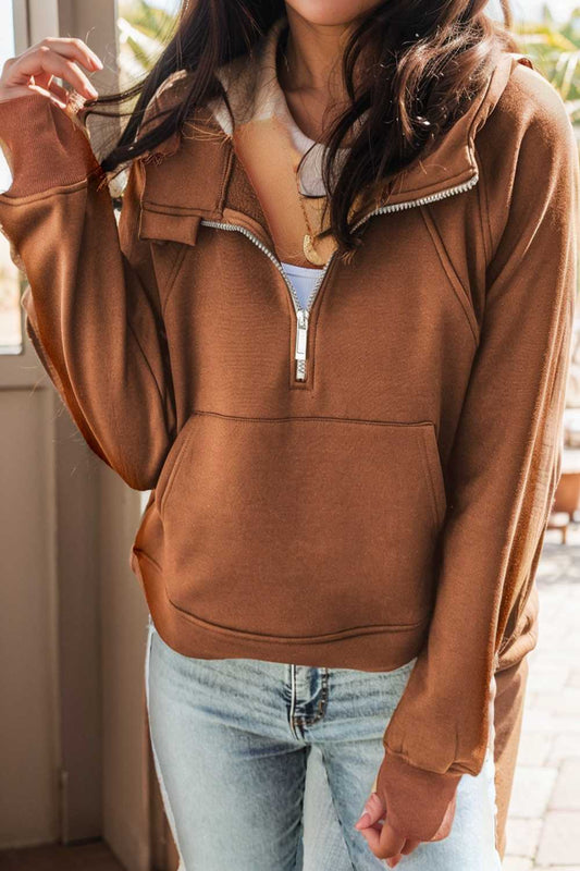 cozy brown hoodie with kangaroo pocket and quarter zip 113688