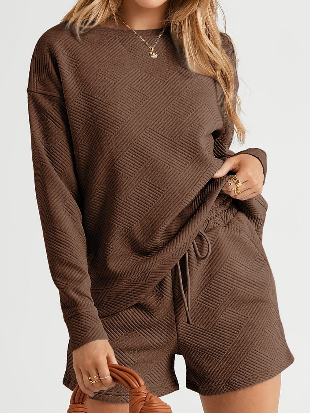 Cozy Brown Ribbed Lounge Set with Long Sleeve Top and Drawstring Shorts