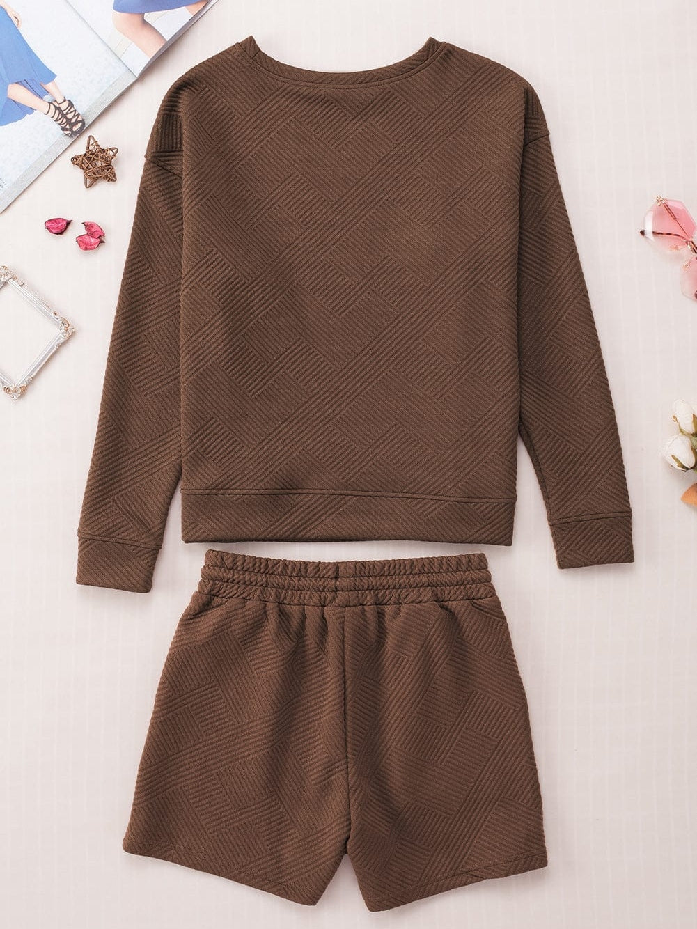 Cozy Brown Ribbed Lounge Set with Long Sleeve Top and Drawstring Shorts