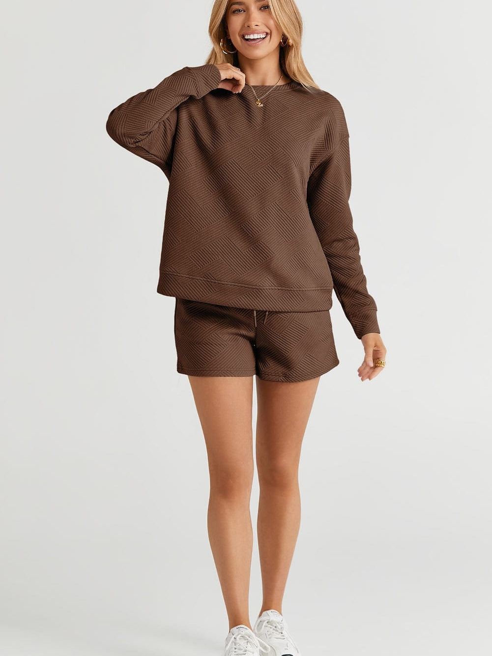 Cozy Brown Ribbed Lounge Set with Long Sleeve Top and Drawstring Shorts