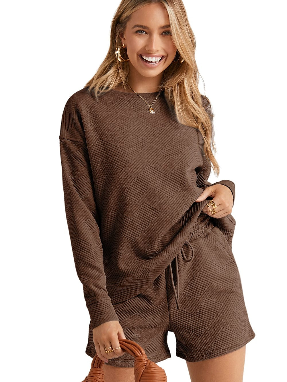 Cozy Brown Ribbed Lounge Set with Long Sleeve Top and Drawstring Shorts