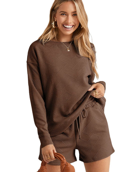 Cozy Brown Ribbed Lounge Set with Long Sleeve Top and Drawstring Shorts