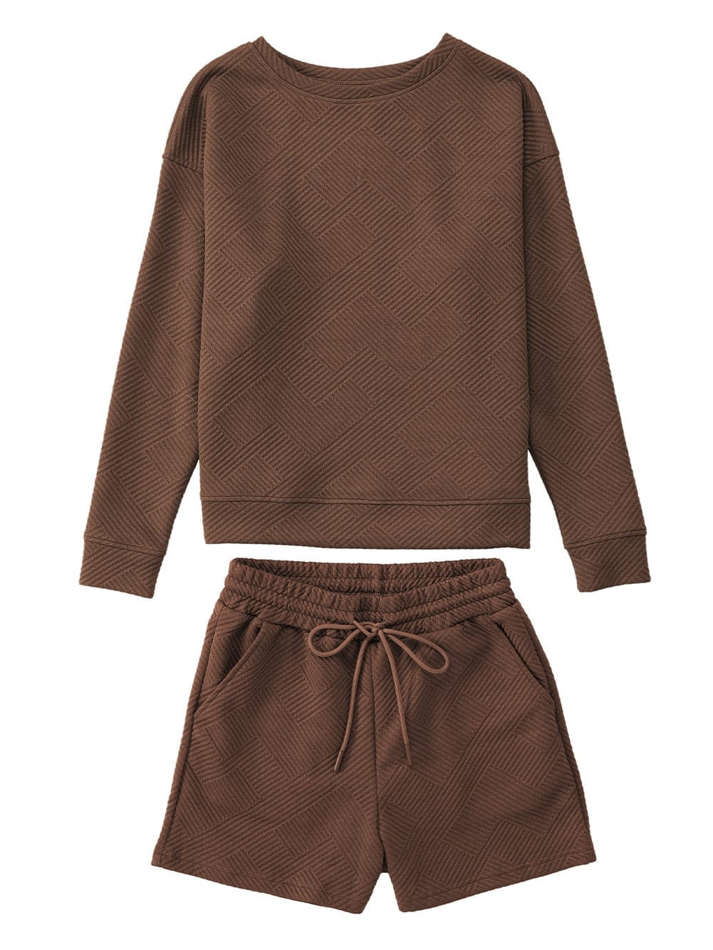 Cozy Brown Ribbed Lounge Set with Long Sleeve Top and Drawstring Shorts