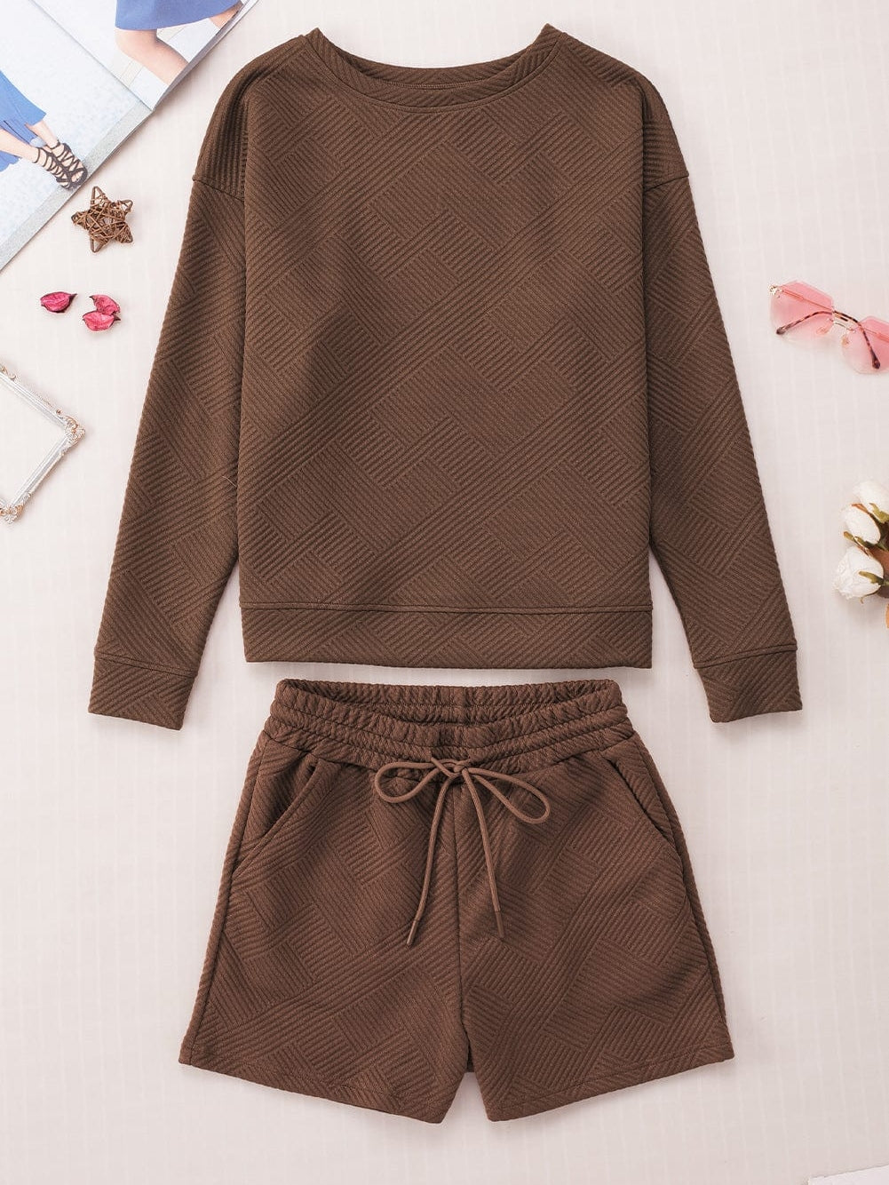 Cozy Brown Ribbed Lounge Set with Long Sleeve Top and Drawstring Shorts