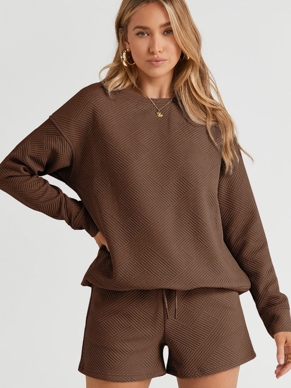 Cozy Brown Ribbed Lounge Set with Long Sleeve Top and Drawstring Shorts