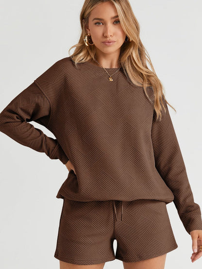 Cozy Brown Ribbed Lounge Set with Long Sleeve Top and Drawstring Shorts