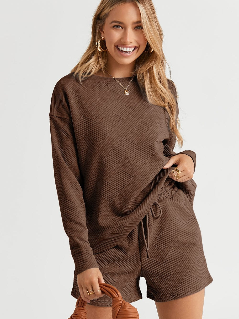 Cozy Brown Ribbed Lounge Set with Long Sleeve Top and Drawstring Shorts